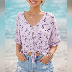 Cottagecore Light Pink Floral Blouse with Tie-Front Design